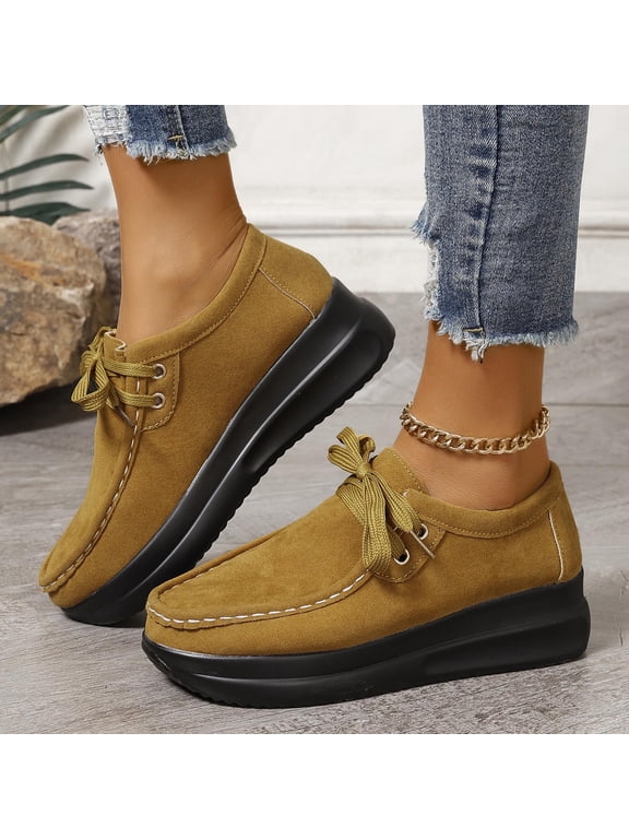 Women's Fashion Casual Lace-Up Loafers – Solid Color Round Toe Slip-On with Thick Wedge Sole for Spring/Fall Seasonal Wear