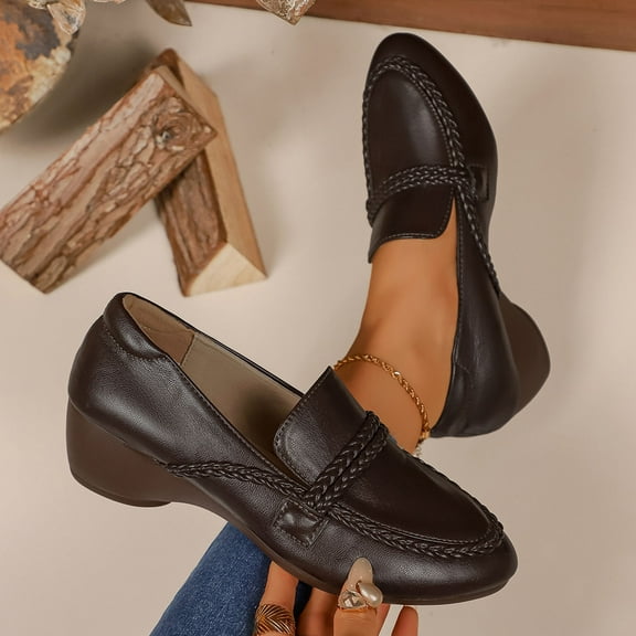 Wowcloth Women's Fashion Casual Leather Shoes – Slip-On Round-Toe Platform Wedge with Solid Color Design for All-Season Comfort & Mom Footwear