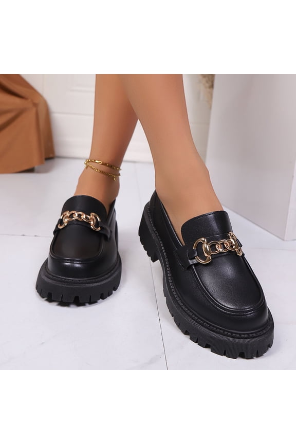 Women's Fashion Casual Loafer Shoes – Classic Round Toe with Chunky Low Heel & Thick Sole for Versatile All-Season Wear