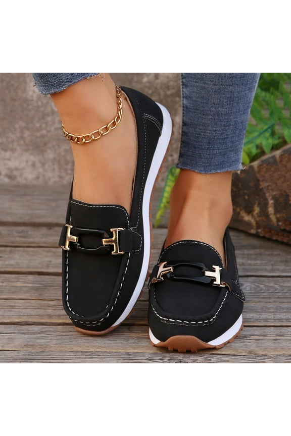 Women's Fashion Casual Loafer Shoes – Comfortable Slip-On Round Toe with Metal Buckle Detail for Spring Summer Footwear,Plus Size