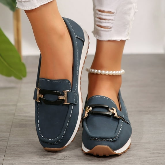 Wowcloth Women's Fashion Casual Loafer Shoes – Comfortable Slip-On Round Toe with Metal Buckle Detail for Spring Summer Footwear,Plus Size