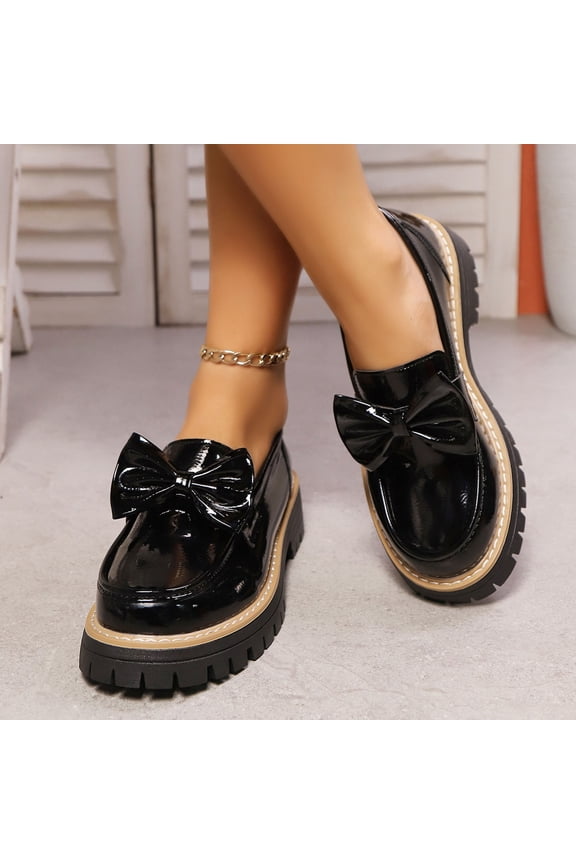 Women's Fashion Casual Loafer Shoes – Solid Color Bow Detail with Patent Leather Shiny Surface & Round Toe Chunky Low Heel for All-Season Versatile Wear