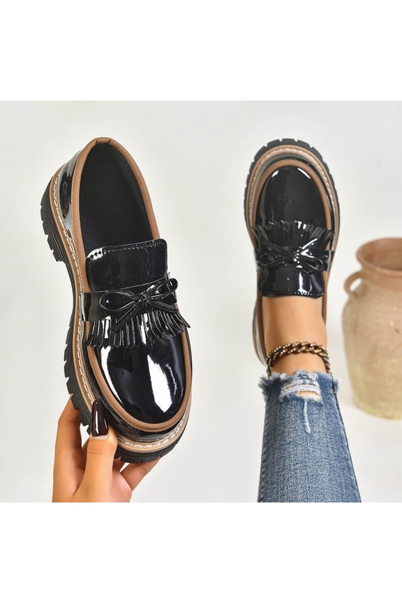 Women's Fashion Casual Loafer Shoes - Solid Color Bow Round Toe with Chunky Low Heel Design, Versatile Everyday Slip-Ons for Women Footwear