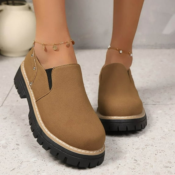 Wowcloth Women's Fashion Casual Loafer Shoes – Solid Color Round Toe Slip-On with Flat & Platform Chunky Heel Design for Versatile Everyday Footwear