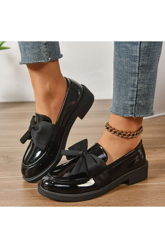 Women's Fashion Casual Loafers – Bow Detail Slip-On with Chunky Low Heel for Spring Autumn Leisure Footwear,Plus Size
