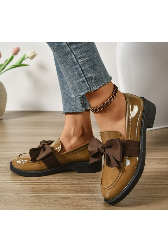 Women's Fashion Casual Loafers – Bow Detail Slip-On with Chunky Low Heel for Spring Autumn Leisure Footwear,Plus Size