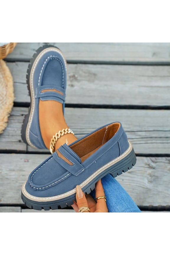 Women's Fashion Casual Loafers – Retro Color-Block Round Toe Chunky Heel Platform Mid Heel Design for Stylish Everyday Slip-Ons Comfortable Walking