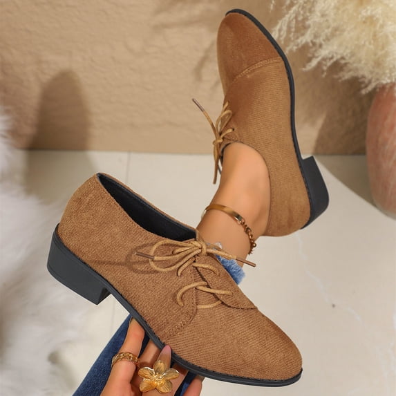Wowcloth Women's Fashion Casual Loafers – Solid Color Pointed Toe Front Lace-Up Low Heel Low-Cut for All-Season Versatile Wear