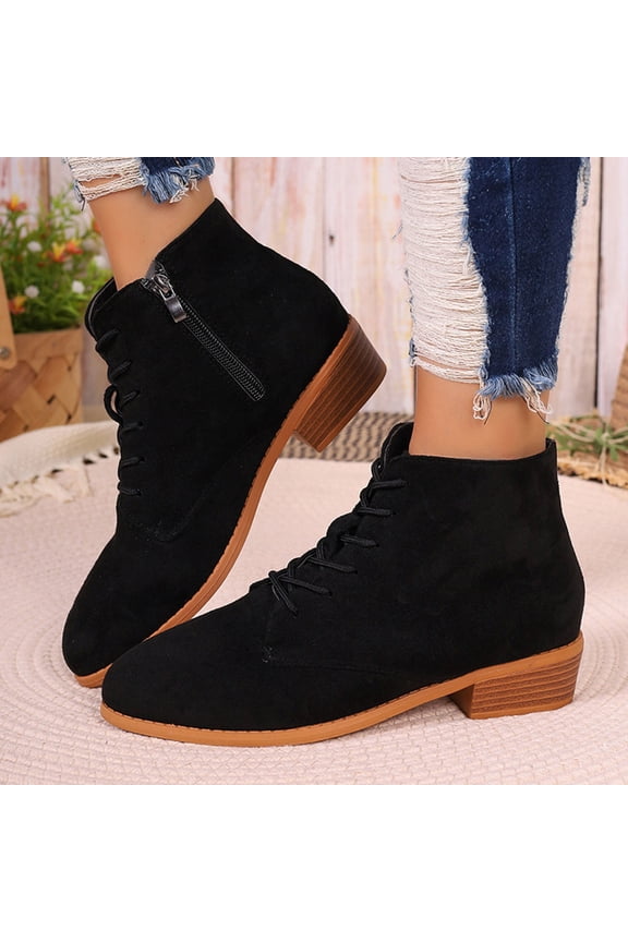 Women's Fashion Casual Martin Boots – Chunky Heel Lace-Up Ankle-Length with Wide Sizes Available for British Style Versatile Wear