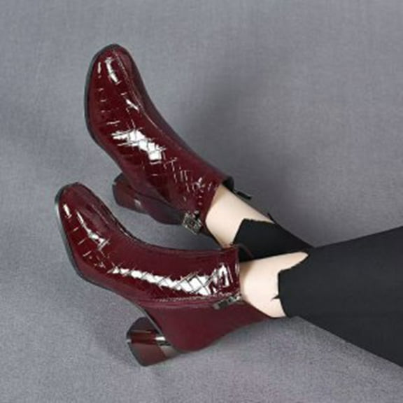 Wowcloth Women's Fashion Casual Martin Boots – Wide Width Patent Leather Short Shaft with Metal Buckle, Shiny Finish for Fall Winter Outfits