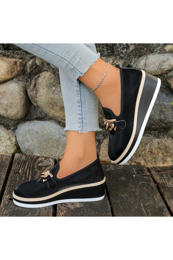 Women's Fashion Casual Metallic Chain Decoration Low Wedge Heel Loafer – Slip-On Platform Sneakers with Wide Size Options for Everyday Comfort Footwear
