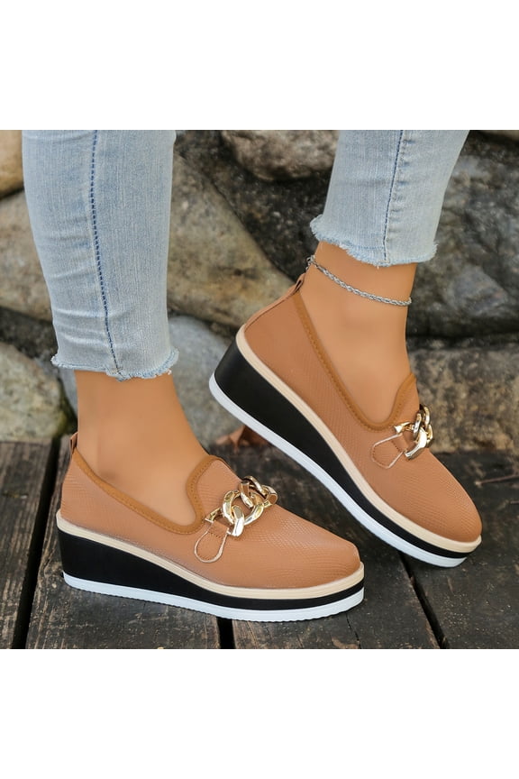 Women's Fashion Casual Metallic Chain Decoration Low Wedge Heel Loafer – Slip-On Platform Sneakers with Wide Size Options for Everyday Comfort Footwear