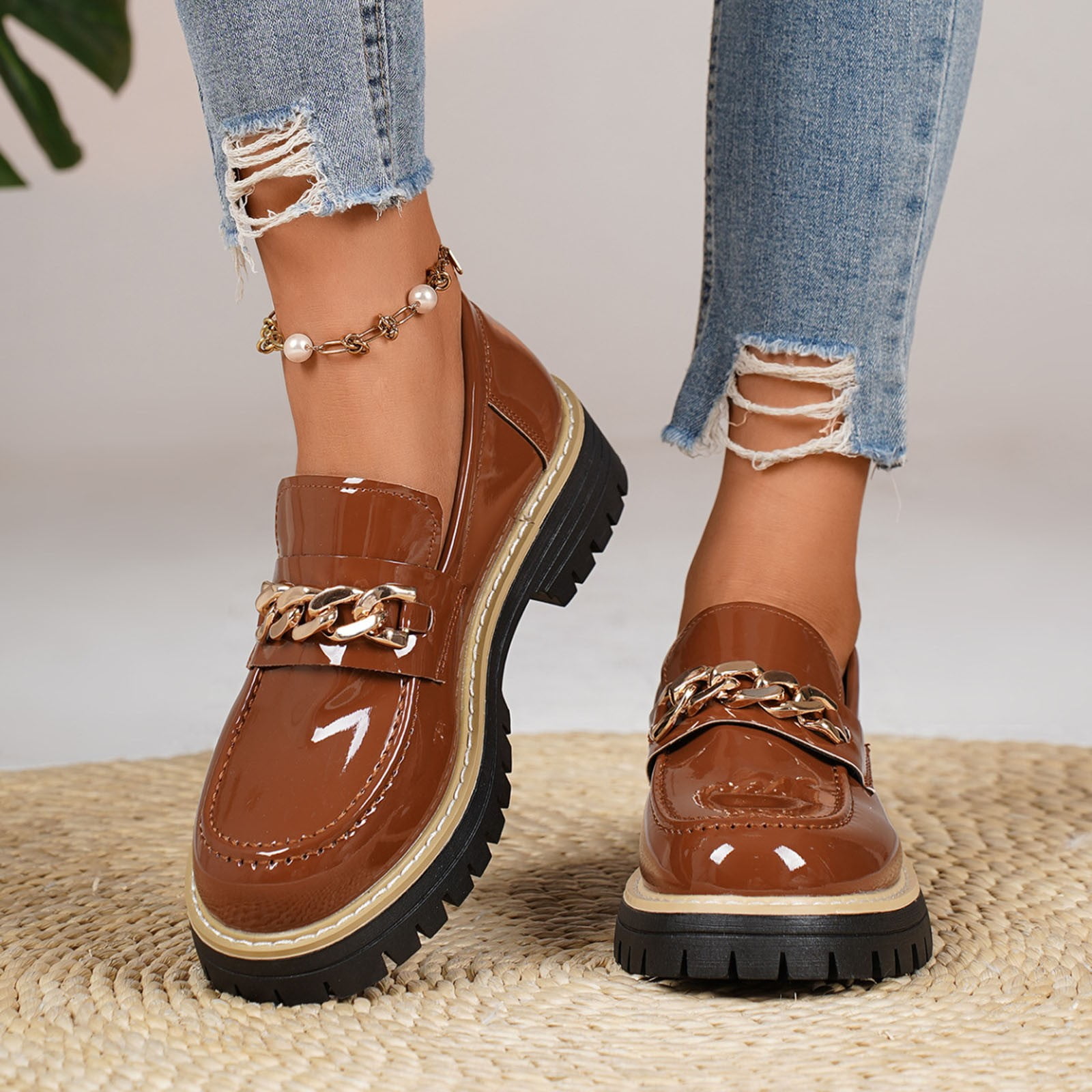 Wowcloth Women's Fashion Casual Mid Heel Leather Shoes  Round Toe with  Metal Chain Decor Low-Cut Platform Design British Style Classic Solid Color  Footwear - Walmart.com