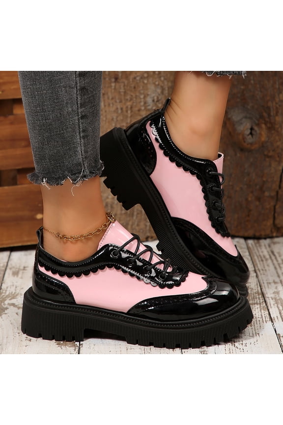 Women's Fashion Casual Retro Loafers – Round Toe Platform Lace-Up with Two-Tone Design & Chunky Mid Heel for Everyday Wear & Retro-Inspired Outfits