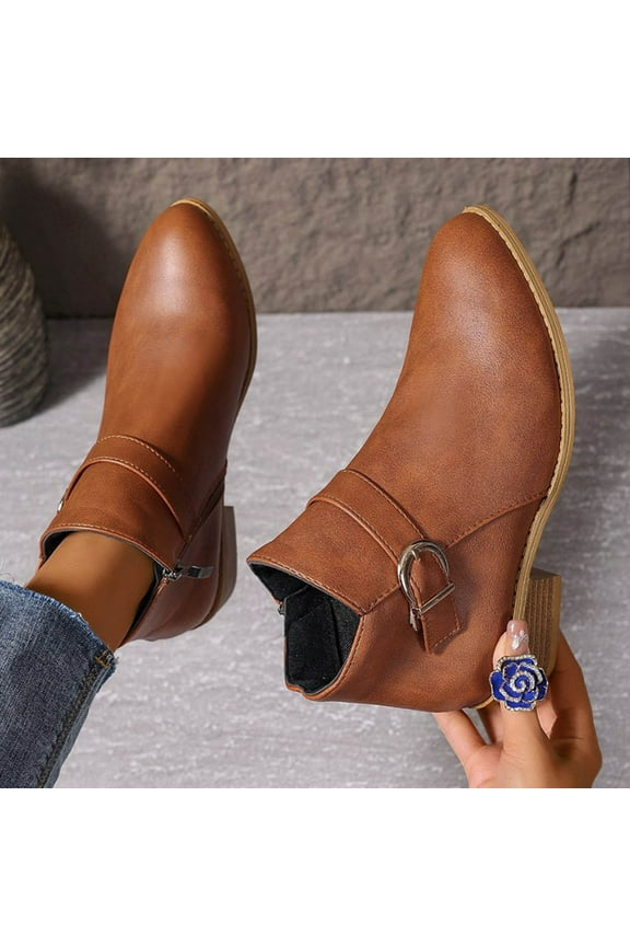 Women's Fashion Casual Roman Round - Toe Thick - Heel Short Nude Boots - Fall Style for Leisure and Outdoor