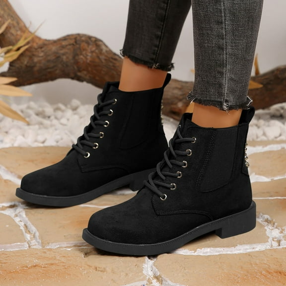 Wowcloth Women's Fashion Casual Round Toe Ankle Boots, Solid Color Chunky Heel Lace-Up Design, Slimming Fit for Daily Wear and Stylish Outings