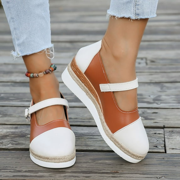 Wowcloth Women's Fashion Casual Round-Toe Slip-On Sneakers – Color Block Buckle Strap with Platform Wedge Heel for Everyday Outfits