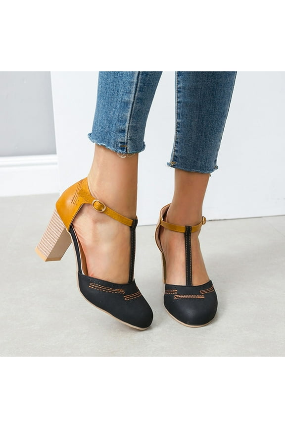 Women's Fashion Casual Sandals – High Heel Closed-Toe Two-Tone Round Toe with T-Strap & Chunky Heel Slip-On Slides for Everyday Summer Wear