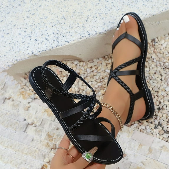 Wowcloth Women's Fashion Casual Sandals – Solid Color Woven Straps Open-Toe Flat with Elastic Band Comfortable Footwear for Daily Wear