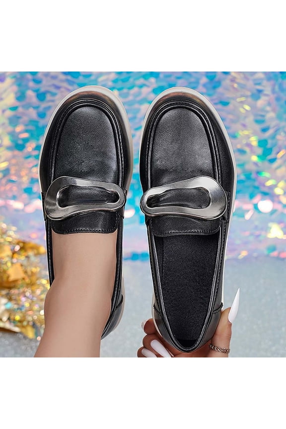 Women's Fashion Casual Shoes – Comfortable Low Heel Round Toe with Square Buckle, Thick Sole, Solid Color Versatile Design, Spring and Autumn, Available in Large Sizes for Daily Wear