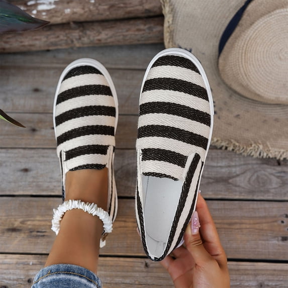 Wowcloth Women's Fashion Casual Shoes - Striped Print & Color-Block Design with Canvas Flat Sole Slip-On for Everyday Comfort