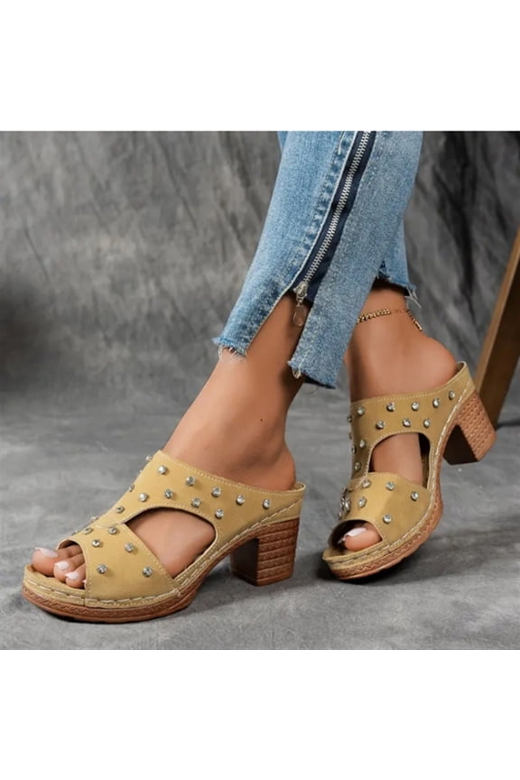Women's Fashion Casual Slide Sandals – Comfortable Studded Peep-Toe Chunky Heel Slides for Spring Summer Everyday Wear,Plus Size