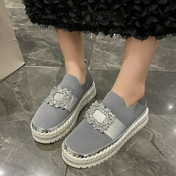Wowcloth Women's Fashion Casual Slip-On Shoes – Comfortable Breathable Flyknit Round Toe with Solid Color Crystal Decors for Everyday Wear