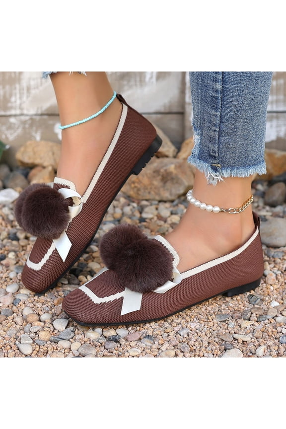 Women's Fashion Casual Sneakers – Breathable Mesh with Pom Pom Detail Square Toe Slip-On Flat Low-Cut Shoes for Spring Comfort