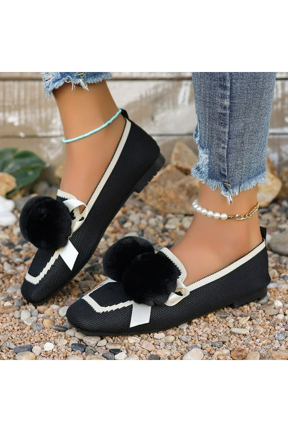 Women's Fashion Casual Sneakers – Breathable Mesh with Pom Pom Detail Square Toe Slip-On Flat Low-Cut Shoes for Spring Comfort