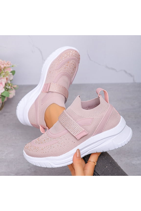 Women's Fashion Casual Sneakers – Solid Color Rhinestone Embellished Thick Sole Breathable Shoes with Beaded Hook-and-Loop Closure for Stylish Everyday Wear & Sports Activities