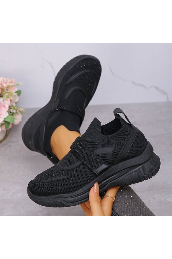 Women's Fashion Casual Sneakers – Solid Color Rhinestone Embellished Thick Sole Breathable Shoes with Beaded Hook-and-Loop Closure for Stylish Everyday Wear & Sports Activities