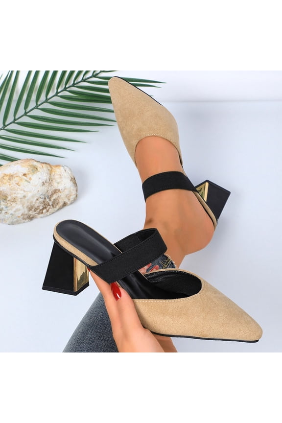 Women's Fashion Casual Spring Pointed Toe Chunky Heel Slides - Soft High Sandals with Adjustable Buckle for Outdoor Spring Footwear,Plus Size