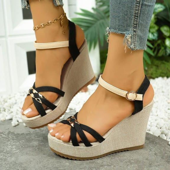 Wowcloth Women's Fashion Casual Spring Sandals – Solid Color Round Toe Open-Toe with Crisscross Straps & Single Buckle Closure Wedge Heels for Stylish Everyday Footwear