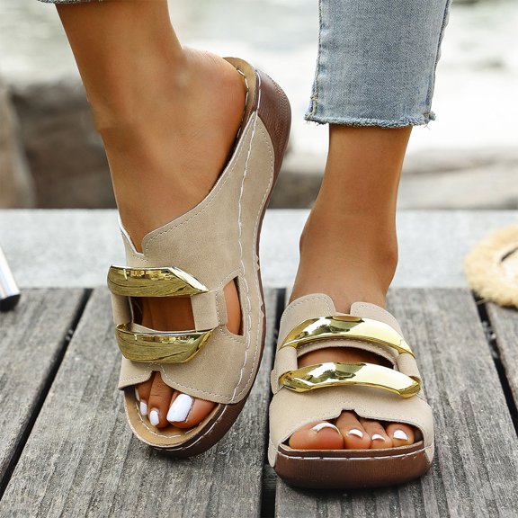 Wowcloth Women's Fashion Casual Spring Summer Sandals – Slip-On Peep-Toe Platform Wedge with Hollow-Out Metal Buckle Design for Daily Wear & Outdoor Slides,Plus Size