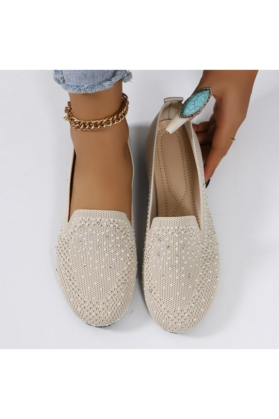 Women's Fashion Casual Spring Summer Shoes - Breathable Knit Mesh Slip-On with Rhinestone Decor Round Toe Low-Cut Flat Sole for Everyday Wear