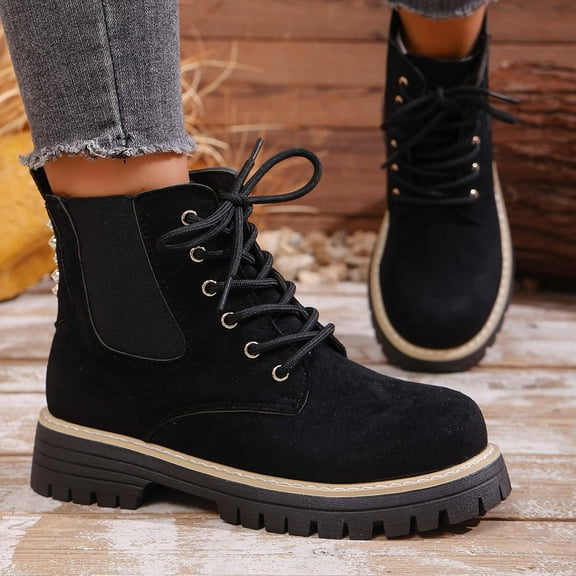 Wowcloth Women's Fashion Casual Suede Round Toe Lace-Up Chunky Heel Ankle Boots – Wide Size Winter Shoes with British Style for Daily Wear