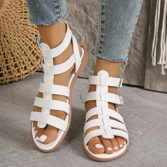 Wowcloth Women's Fashion Casual Summer Sandals – Flat Sole with Slim Buckle & Cut-Out Design Breathable Slip-on for Daily Wear