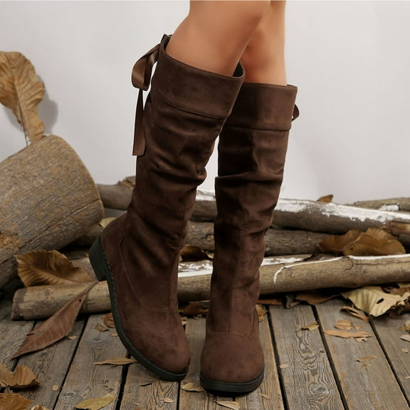 Wowcloth Women's Fashion Casual Versatile Boots – Solid Color High-Top Mid-Heel Design, Stylish & Comfortable for Everyday Wear