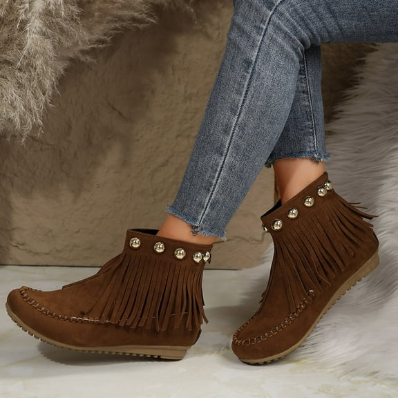 Wowcloth Women's Fashion Casual Winter Ankle Boots – Comfortable Fringed Round Toe Pull-On Flat Sole Booties for Everyday Outfits