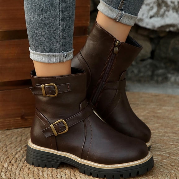 Wowcloth Women's Fashion Casual Winter Ankle Boots – Comfortable Solid Color Round Toe with Buckle Strap Side Zipper Short Boots Low Block Heel for Daily Wear