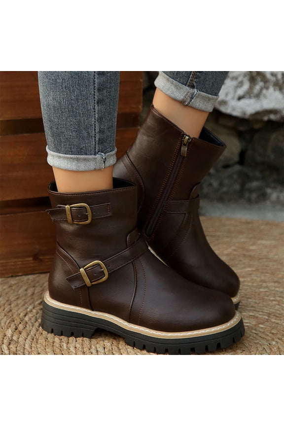 Women's Fashion Casual Winter Ankle Boots – Comfortable Solid Color Round Toe with Buckle Strap Side Zipper Short Boots Low Block Heel for Daily Wear