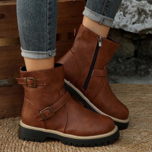 Wowcloth Women's Fashion Casual Winter Ankle Boots – Comfortable Solid Color Round Toe with Buckle Strap Side Zipper Short Boots Low Block Heel for Daily Wear