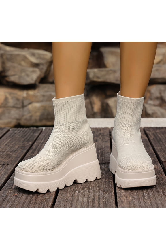 Women's Fashion Casual Winter Ankle Boots – Elastic Cuff Round Toe with Chunky Wedge Heel for Everyday Winter Wear