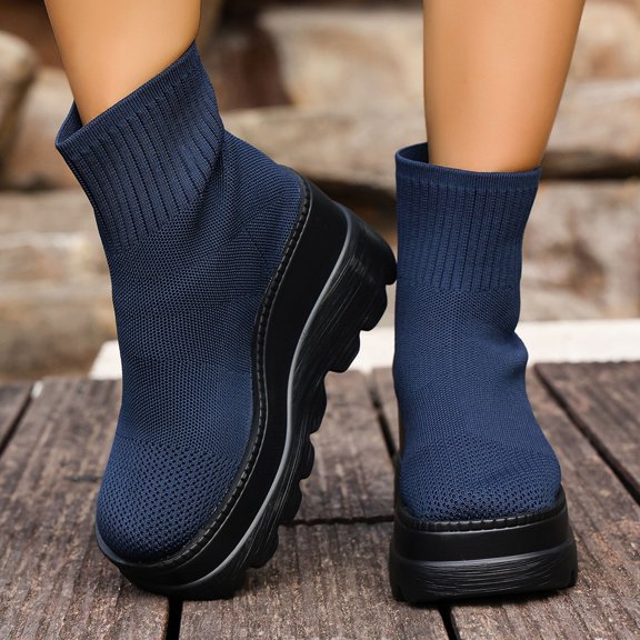 Wowcloth Women's Fashion Casual Winter Ankle Boots – Elastic Cuff Round Toe with Chunky Wedge Heel for Everyday Winter Wear