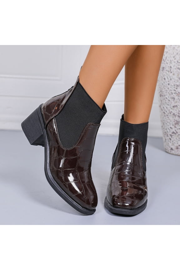 Women's Fashion Casual Winter Ankle Boots – Round Toe Solid Patent Leather Chunky Low Heel Design for Stylish Everyday Winter Footwear