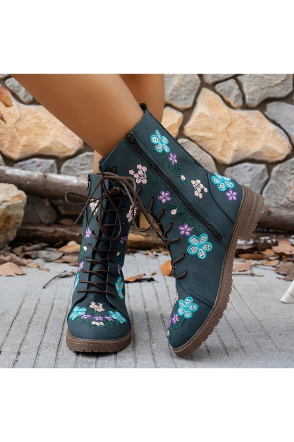 Women's Fashion Casual Winter Ankle Boots - Solid Color Floral Embroidery Round Toe with Front Lace-Up & Side Zipper Low Heel Design for Stylish Everyday Winter Footwear