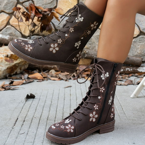Wowcloth Women's Fashion Casual Winter Ankle Boots - Solid Color Floral Embroidery Round Toe with Front Lace-Up & Side Zipper Low Heel Design for Stylish Everyday Winter Footwear