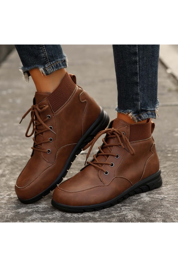 Women's Fashion Casual Winter Ankle Boots – Solid Color Round Toe Front Lace-Up Flat Heel for Everyday Comfort Wear