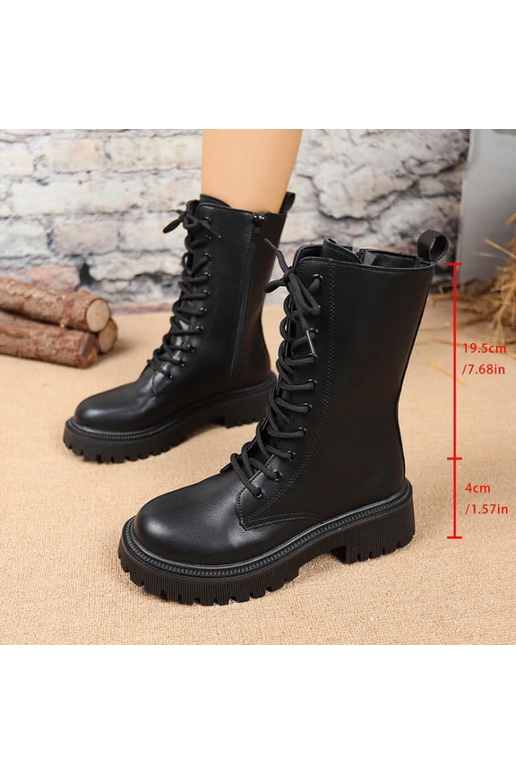 Women's Fashion Casual Winter Ankle Boots – Solid Color Round Toe Front Lace-Up Side Zipper with Chunky Low Heel for Everyday Wear