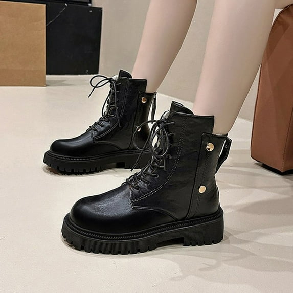 Wowcloth Women's Fashion Casual Winter Fleece-Lined Ankle Boots – Solid Round Toe with Front Lace-Up and Back Zipper, Chunky Low Heel for Everyday Winter Wear